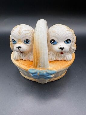 Vintage Two Dogs In A Basket Salt & Pepper Shaker Set Japan